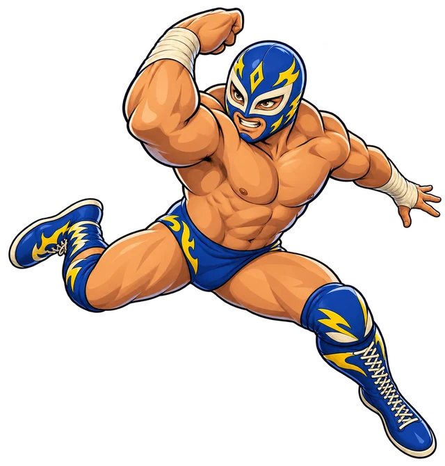 A cobalt-masked cartoon luchador launches into a flying elbow drop.
