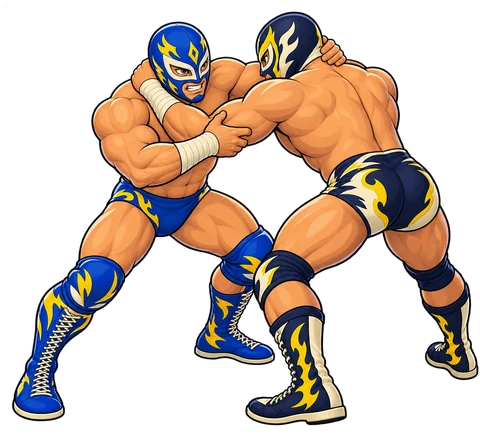 Two cartoon luchadors brace their boots in a collar-and-elbow lockup.