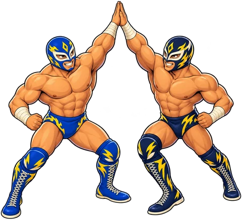 Two smiling cartoon tag-team partners meet their palms in a high five.